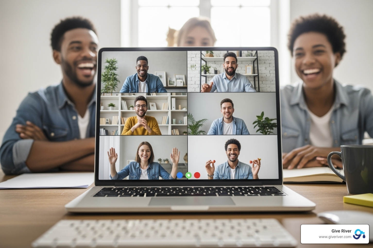 An image of a diverse remote team collaborating on a virtual challenge, with speech bubbles showing ideas and problem-solving elements. The Give River logo is subtly incorporated into the virtual interface. - fun games to play with work team online An image of a diverse remote team collaborating on a virtual challenge, with speech bubbles showing ideas and problem-solving elements. The Give River logo is subtly incorporated into the virtual interface. - fun games to play with work team online