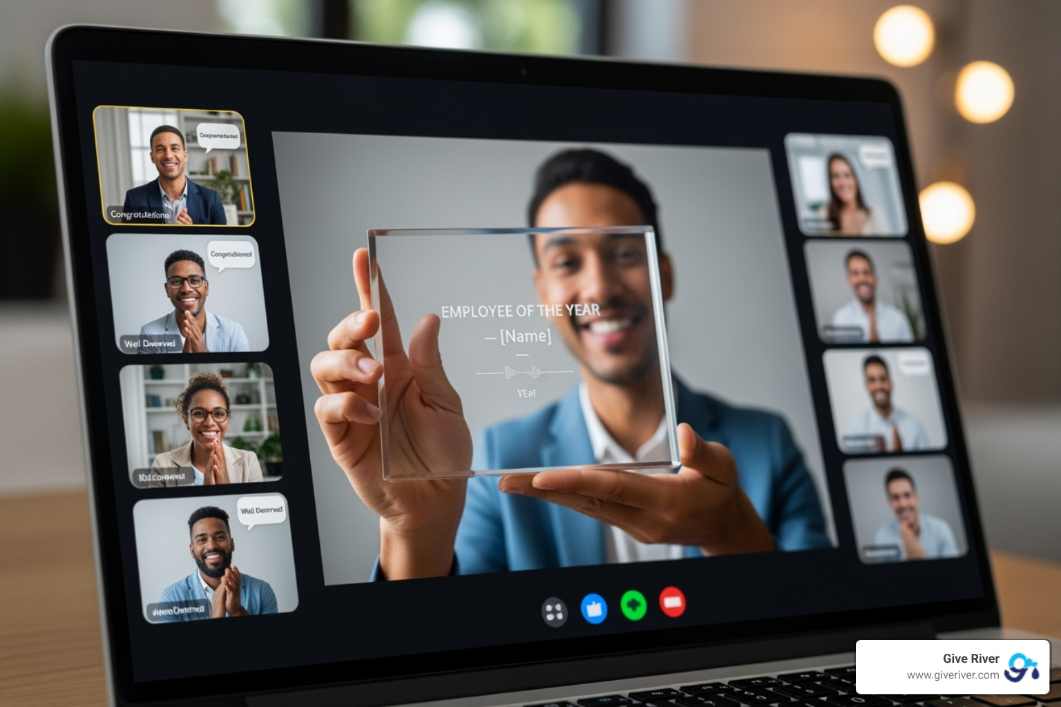 Image of a personalized crystal service award being presented during a virtual team meeting - service award