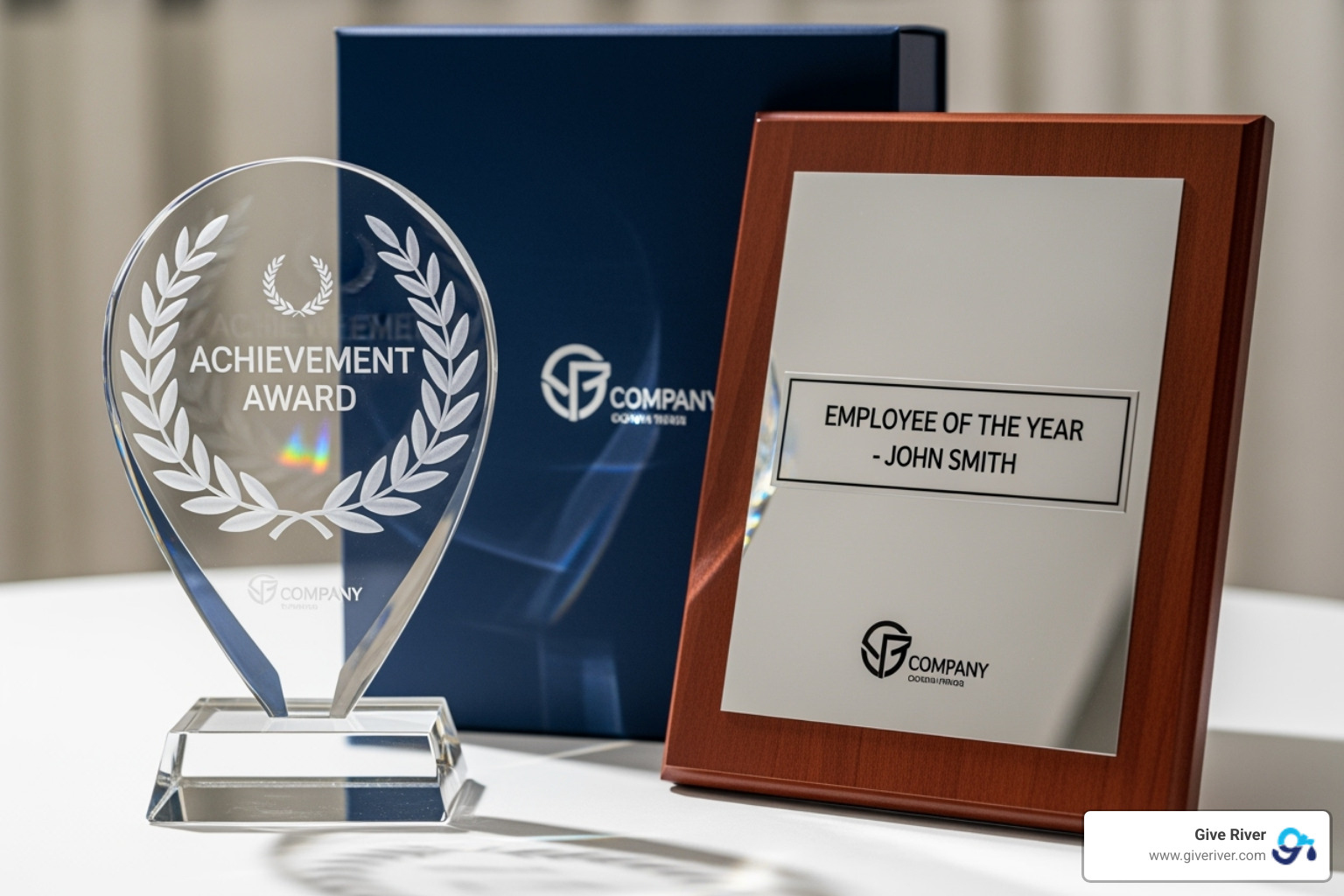 Image of various award types like a crystal trophy, a plaque, and a branded gift box - service award