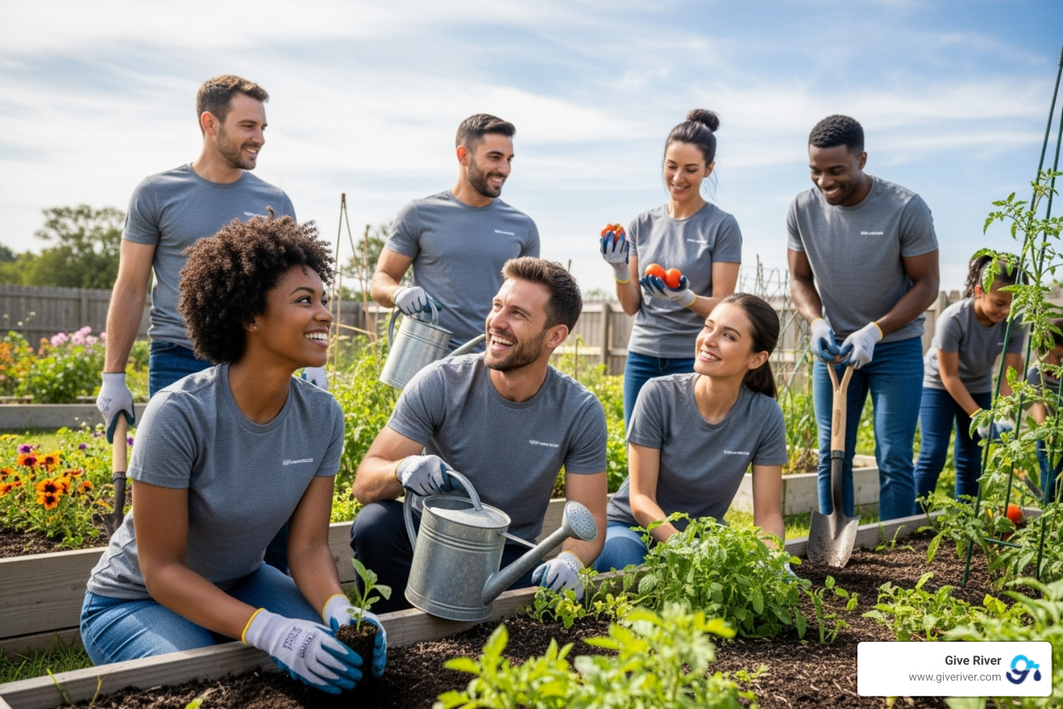 Image of happy, engaged employees volunteering together - impact of csr initiatives on a company's bottom line