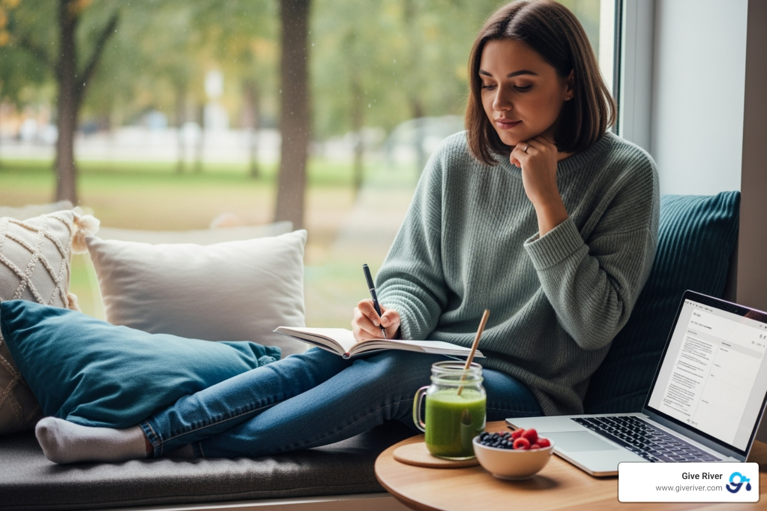 A person journaling with a laptop and a healthy smoothie nearby - Personalized wellness plans