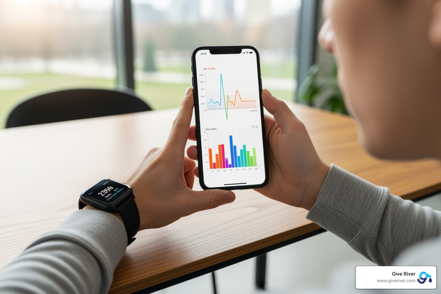 A person reviewing health data on a smartphone, with a smartwatch on their wrist - Personalized wellness plans