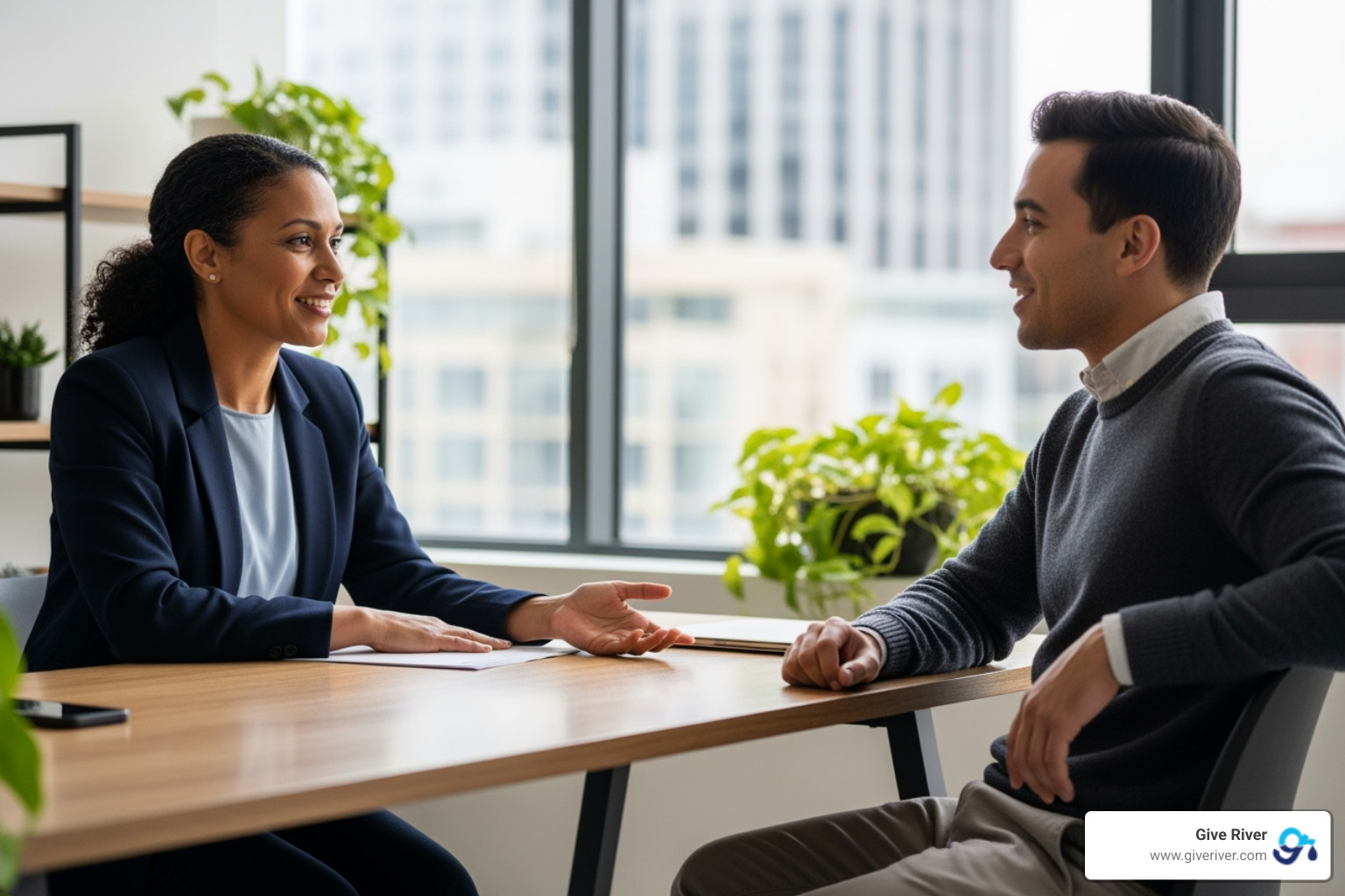 A manager and an employee having a positive one-on-one meeting focused on well-being - Personalized wellness plans