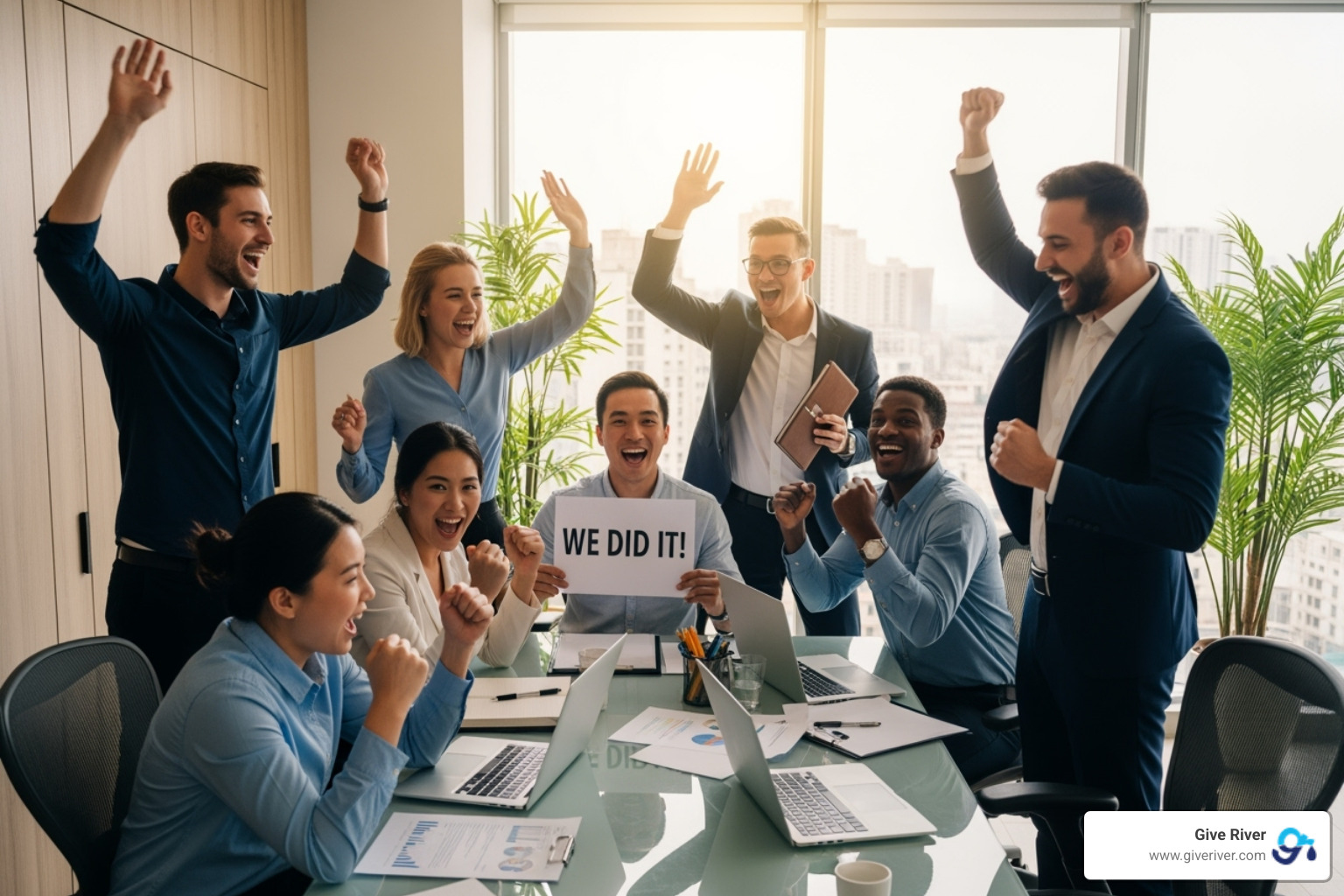 team celebrating a win during a Give River leaderboard event - online games to play with office team team celebrating a win during a Give River leaderboard event - online games to play with office team