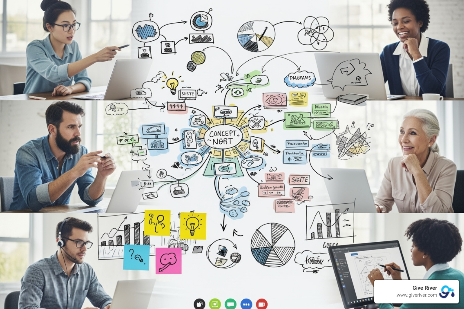 team working together on a virtual whiteboard during a Give River challenge - online games to play with office team team working together on a virtual whiteboard during a Give River challenge - online games to play with office team