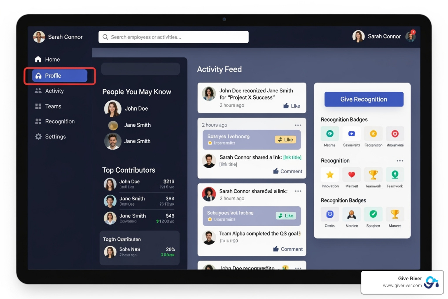 Give River's interface highlighting team engagement features - workplace communication tools