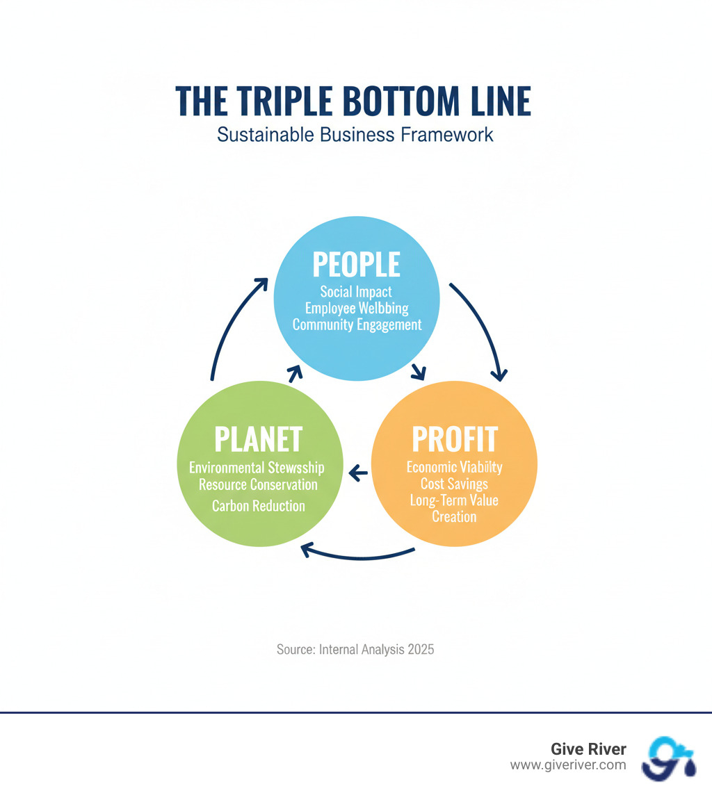 Infographic showing the Triple Bottom Line framework with three interconnected circles labeled People (social impact, employee wellbeing, community engagement), Planet (environmental stewardship, resource conservation, carbon reduction), and Profit (economic viability, cost savings, long-term value creation), with arrows showing how each element reinforces the others - Sustainable business practices infographic  Infographic showing the Triple Bottom Line framework with three interconnected circles labeled People (social impact, employee wellbeing, community engagement), Planet (environmental stewardship, resource conservation, carbon reduction), and Profit (economic viability, cost savings, long-term value creation), with arrows showing how each element reinforces the others - Sustainable business practices infographic