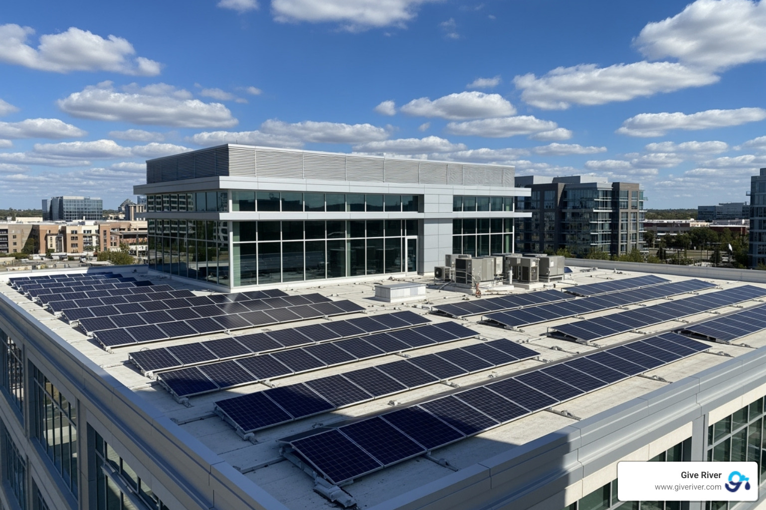 Image of solar panels on a modern office building roof, symbolizing renewable energy adoption and sustainable infrastructure - Sustainable business practices Image of solar panels on a modern office building roof, symbolizing renewable energy adoption and sustainable infrastructure - Sustainable business practices