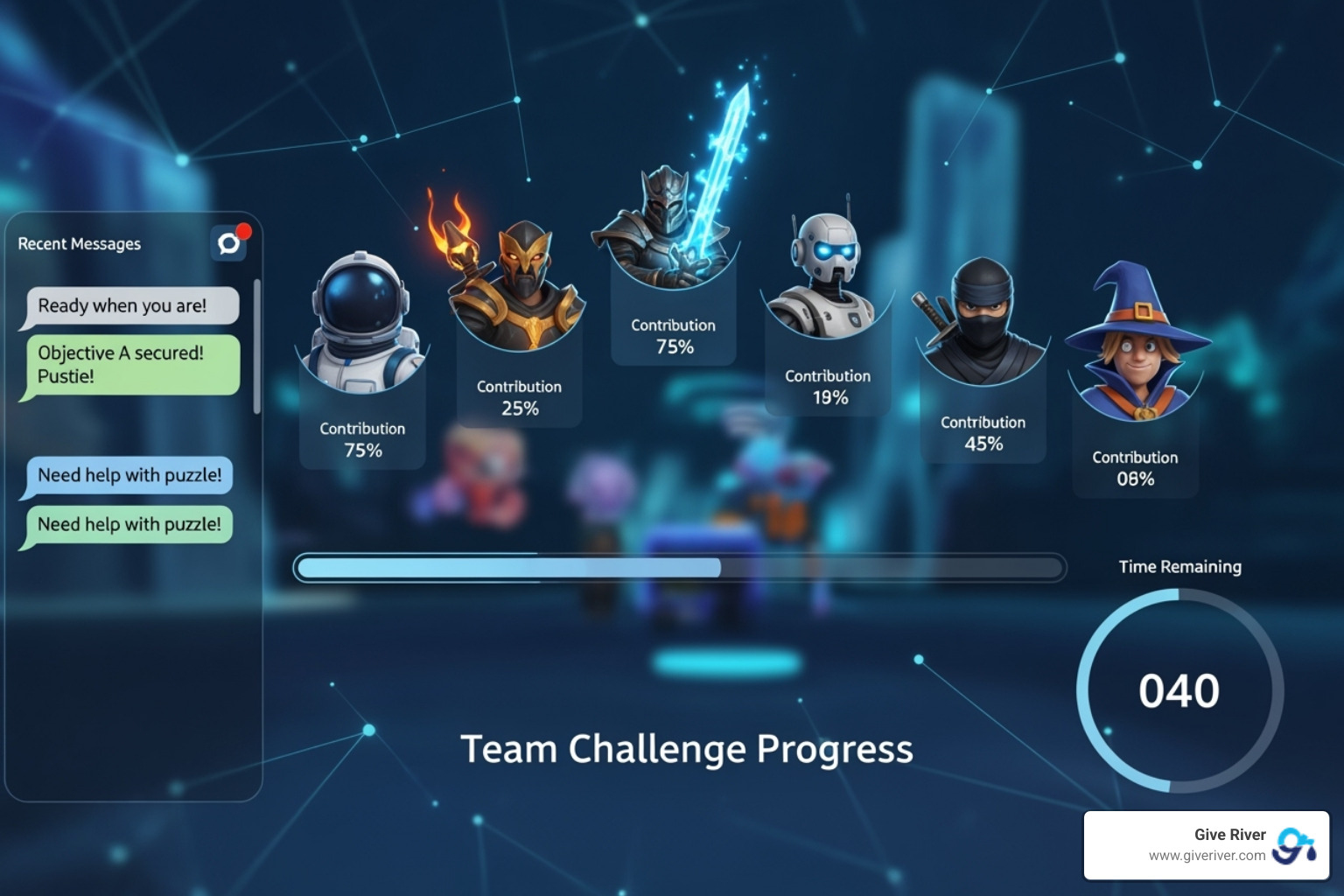 A Give River game interface showing teams collaborating on a challenge, with chat bubbles and progress bars - free group online games A Give River game interface showing teams collaborating on a challenge, with chat bubbles and progress bars - free group online games