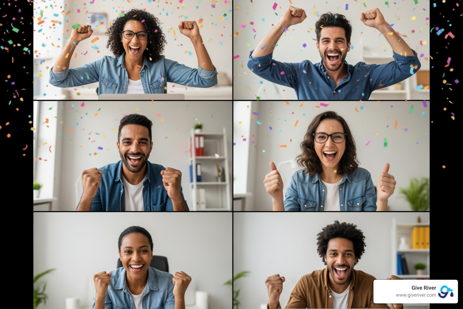 A team celebrating a win on a video call with virtual confetti and smiling faces - free group online games A team celebrating a win on a video call with virtual confetti and smiling faces - free group online games