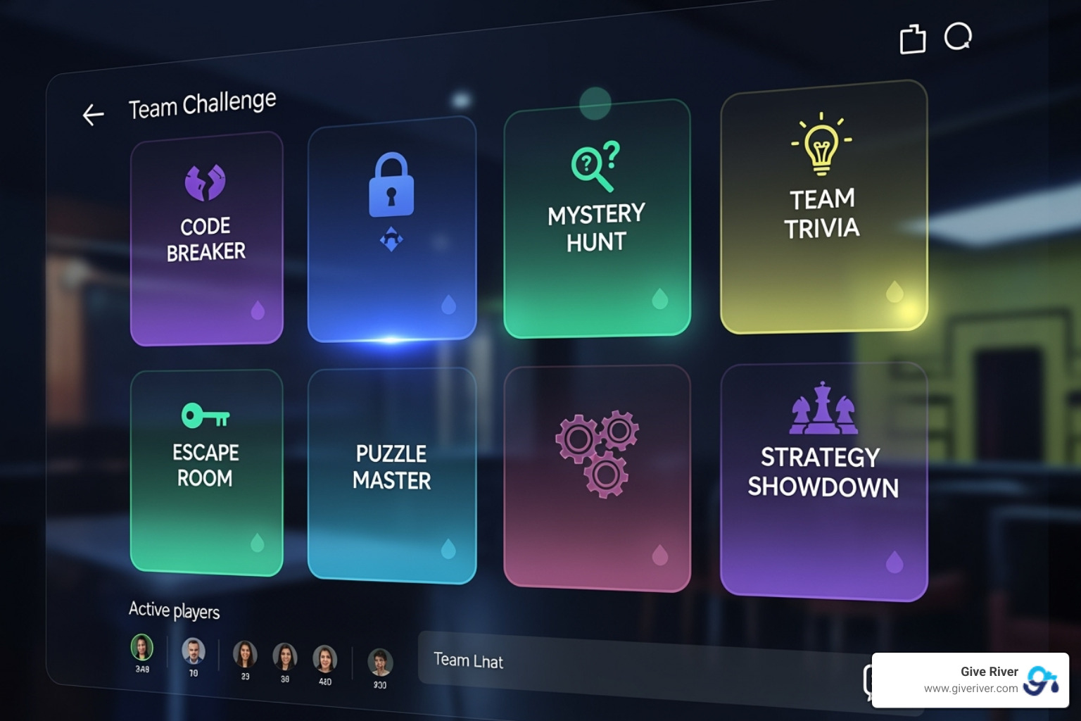 A Give River game lobby showing a variety of available team challenges like "Code Breaker," "Mystery Hunt," and "Team Trivia." - free group online games A Give River game lobby showing a variety of available team challenges like "Code Breaker," "Mystery Hunt," and "Team Trivia." - free group online games