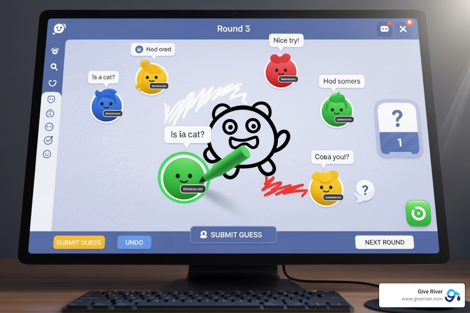 A colorful, engaging virtual game interface designed for team play, such as a collaborative drawing or word game - online office games free A colorful, engaging virtual game interface designed for team play, such as a collaborative drawing or word game - online office games free