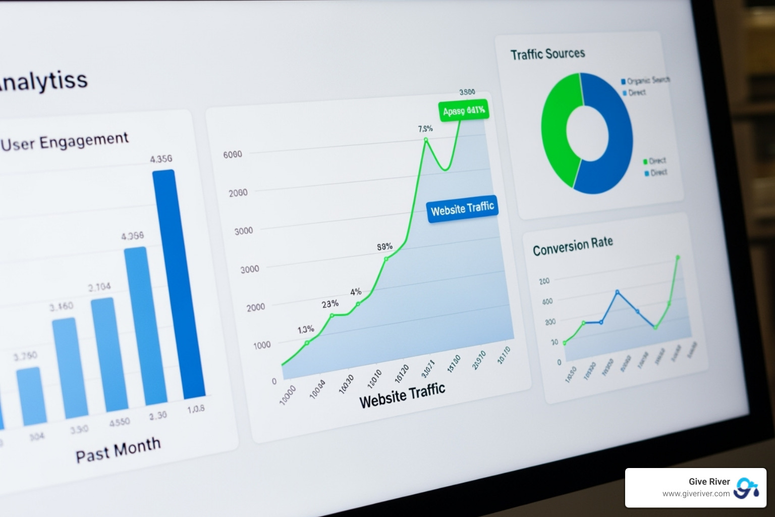 Analytics dashboard displaying various charts and graphs, indicating positive trends in engagement metrics such as customer satisfaction, employee participation, and reduced churn rates - digital engagement tools Analytics dashboard displaying various charts and graphs, indicating positive trends in engagement metrics such as customer satisfaction, employee participation, and reduced churn rates - digital engagement tools