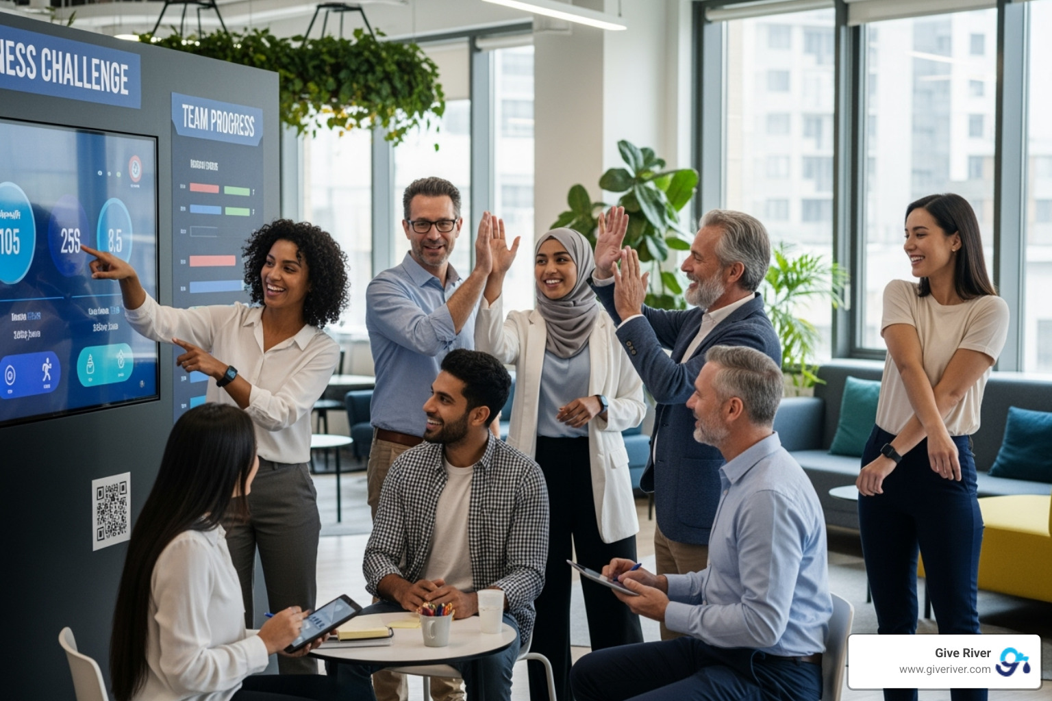 Employees collaborating on a wellness challenge - hipaa-compliant wellness tracking platforms Employees collaborating on a wellness challenge - hipaa-compliant wellness tracking platforms