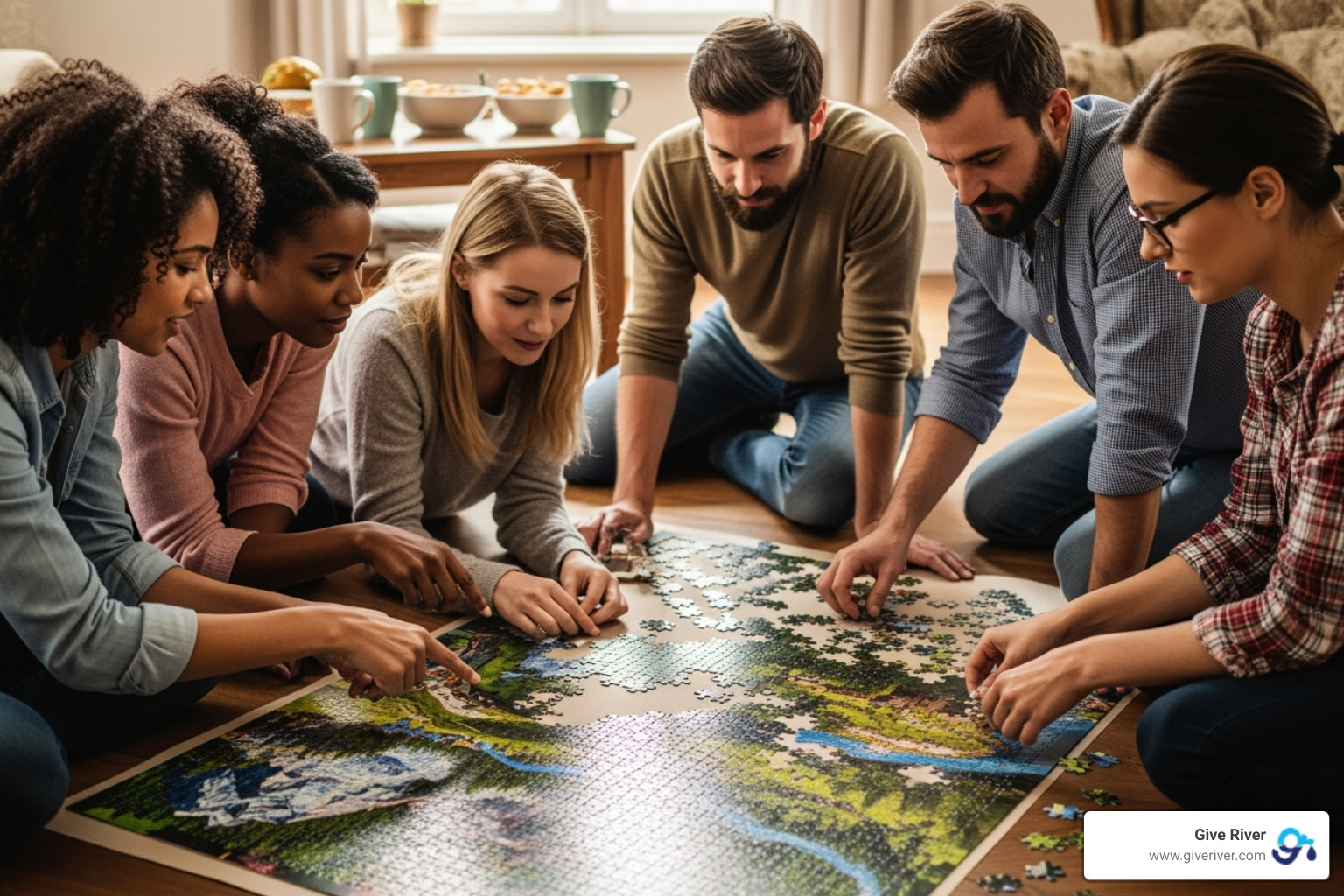 team collaborating on a large floor puzzle - amazing race challenges for team building team collaborating on a large floor puzzle - amazing race challenges for team building