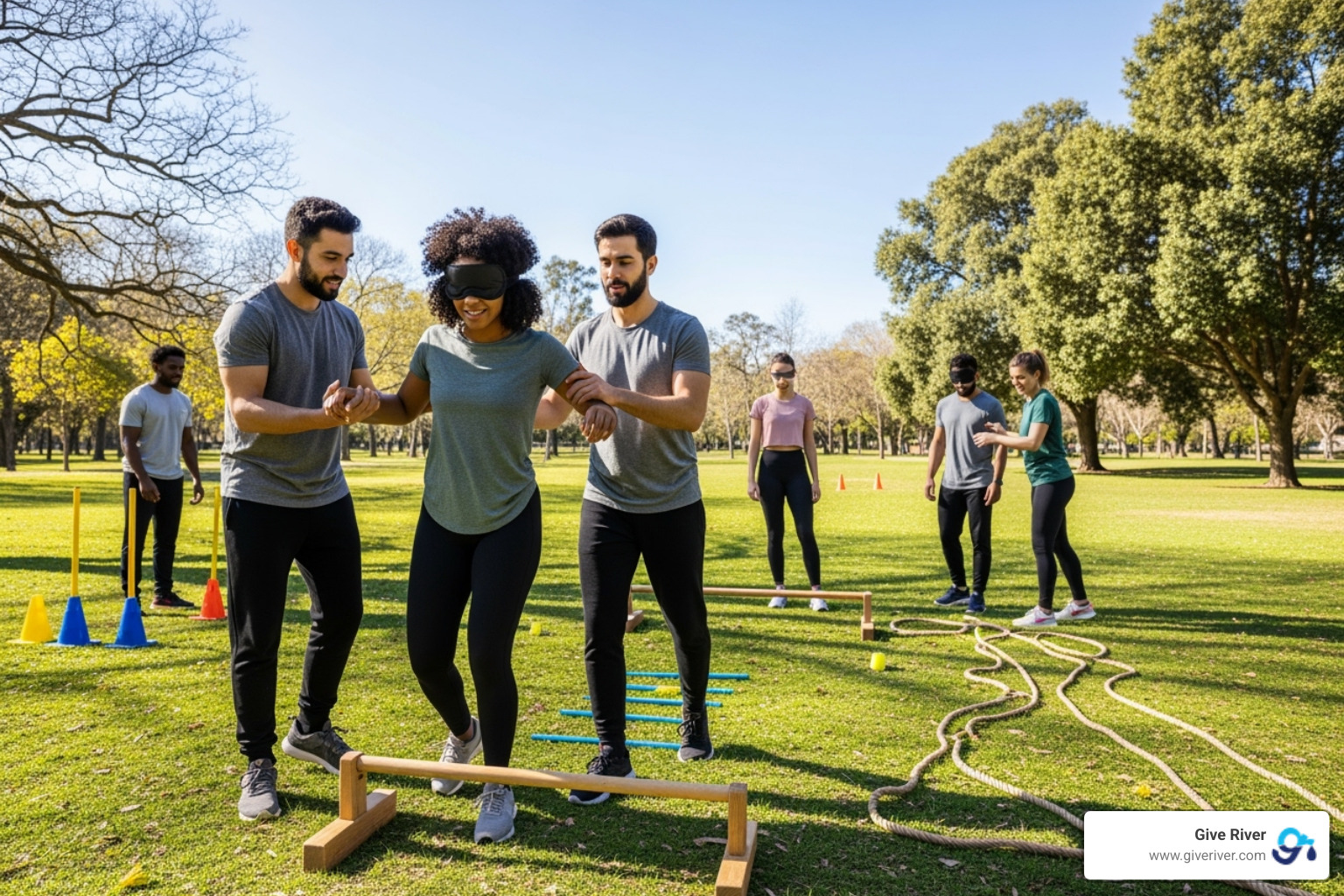 team navigating a blindfolded obstacle course in a park - amazing race challenges for team building team navigating a blindfolded obstacle course in a park - amazing race challenges for team building