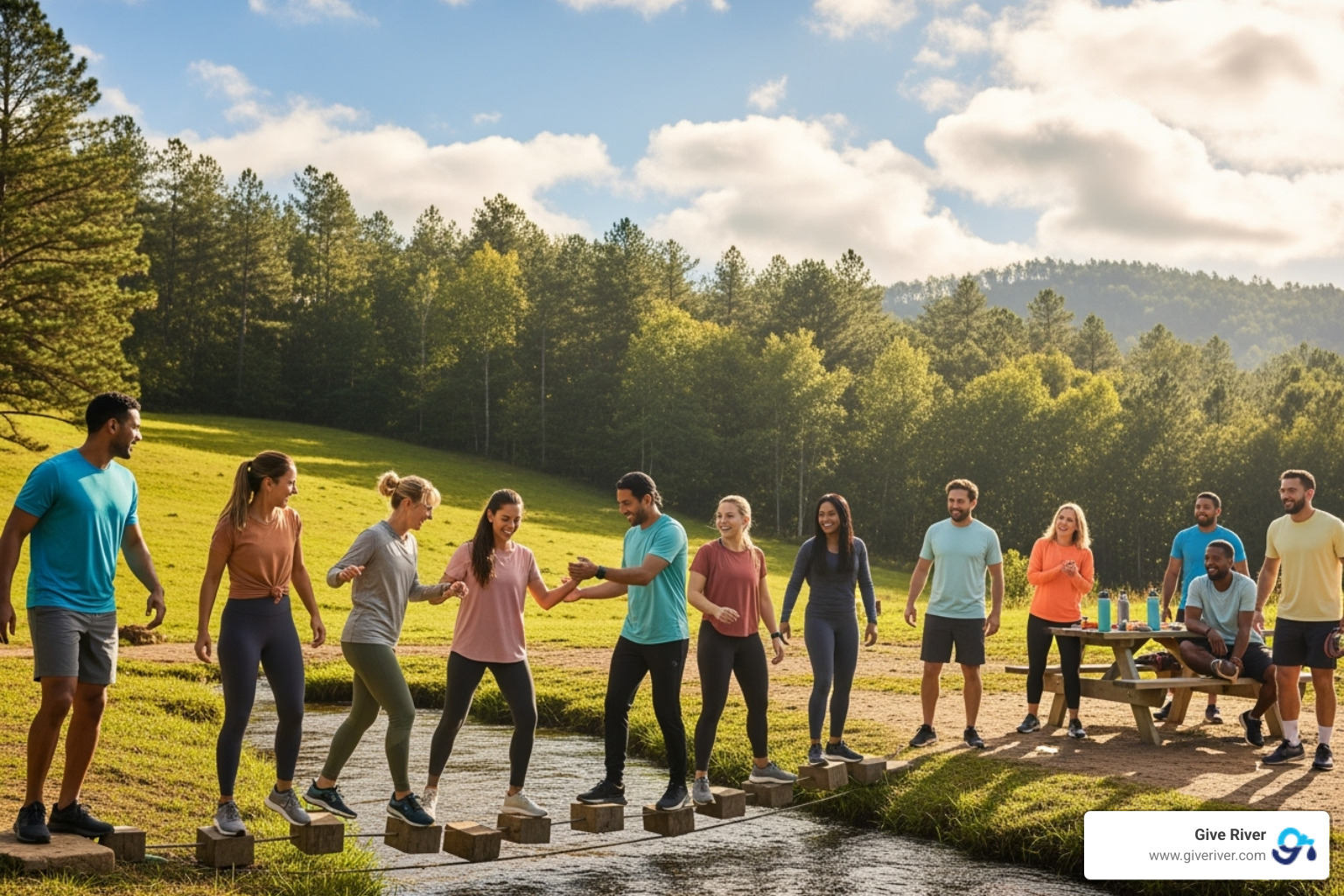 team participating in fun offsite wellness retreat - company incentive ideas for employees team participating in fun offsite wellness retreat - company incentive ideas for employees