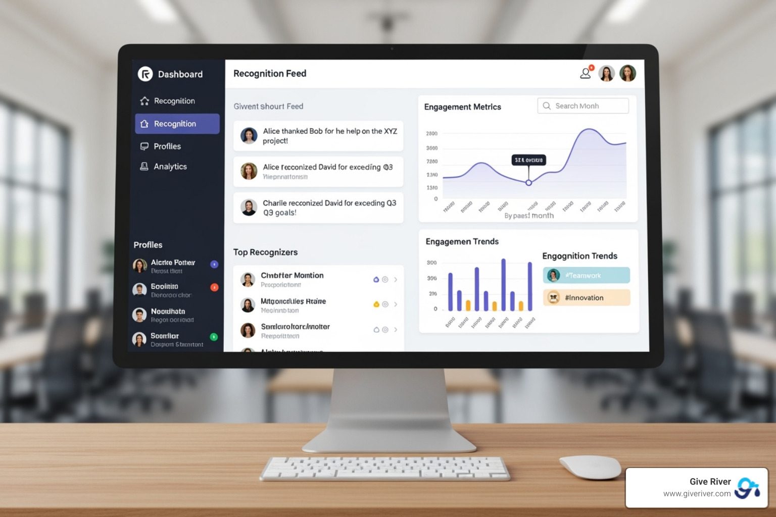 Give River platform dashboard showing various recognition activities and employee profiles - employee achievement awards Give River platform dashboard showing various recognition activities and employee profiles - employee achievement awards