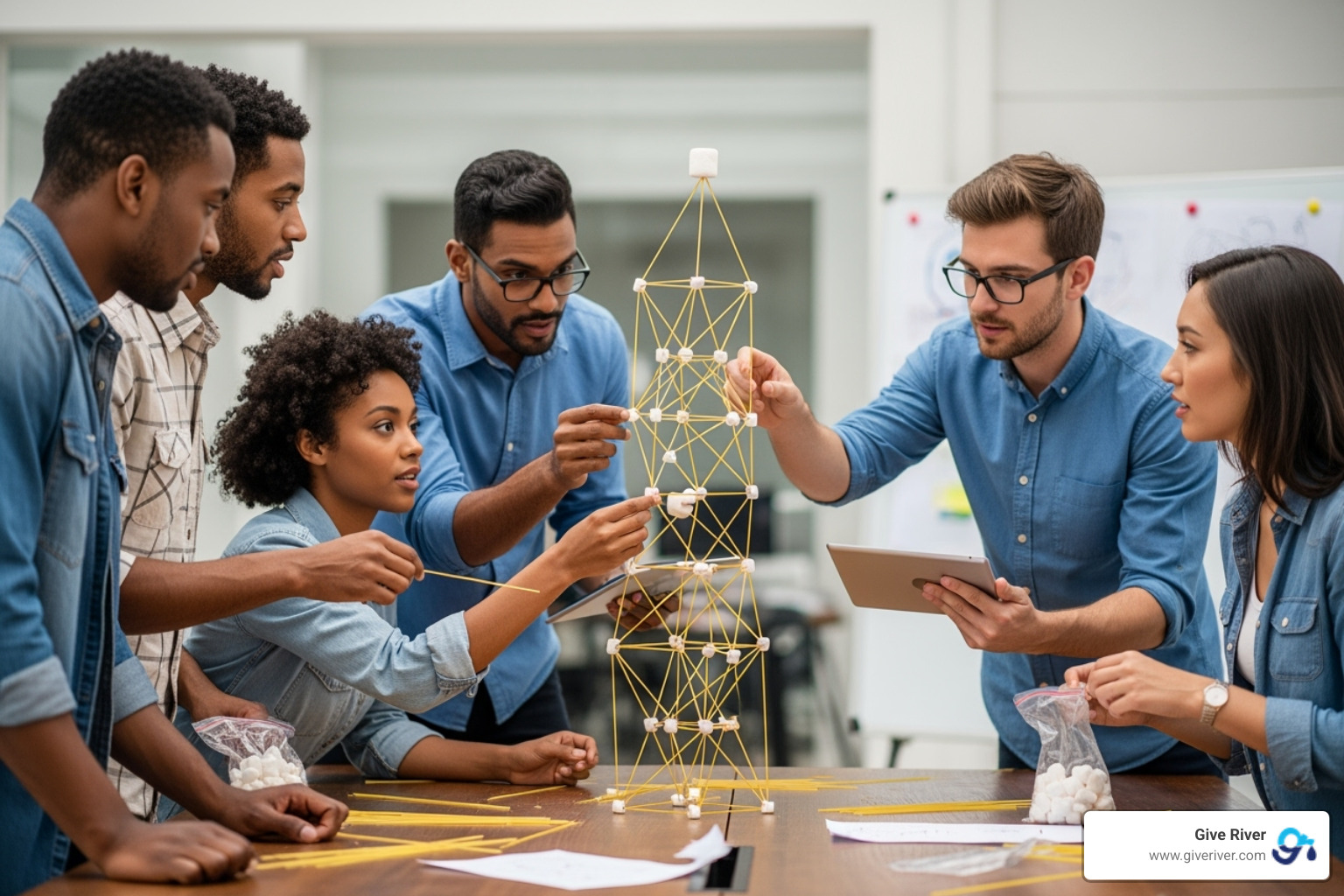 team working on marshmallow challenge - team activity for team building