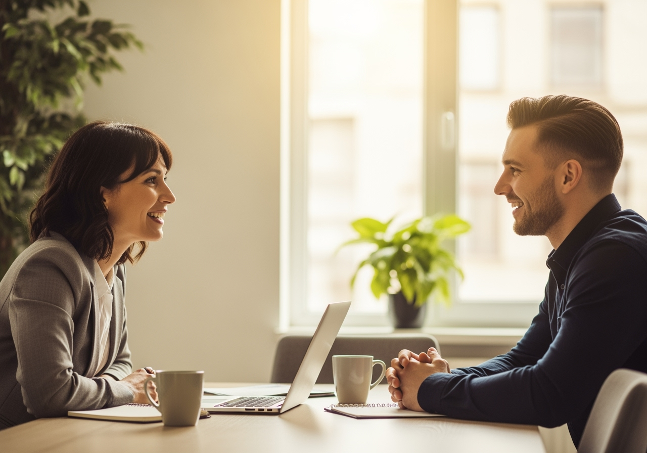 A manager conducting a positive one-on-one meeting with a team member, with both smiling and engaged in conversation - employee survey questions