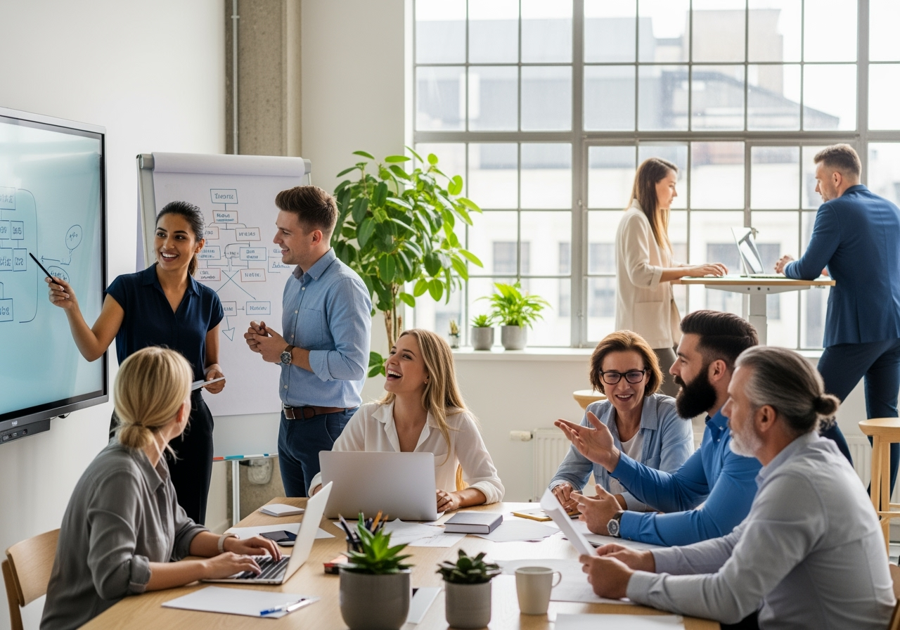 A diverse and engaged team collaborating in a modern office, showing people smiling and interacting - employee survey questions