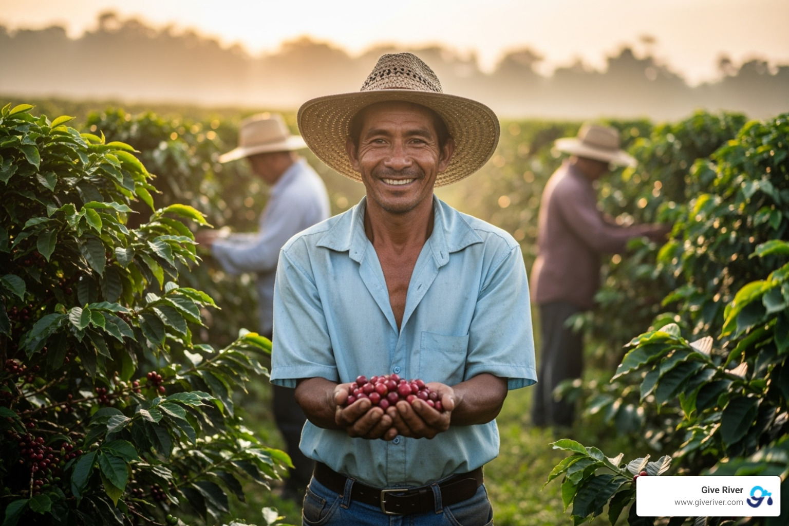 fair-trade coffee farmer holding coffee beans, smiling - strategic csr examples