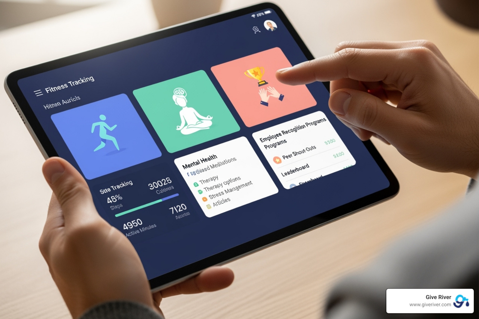 User interacting with a wellness platform dashboard on a tablet, showing different modules like fitness, mental health, and recognition - integrated wellness platform