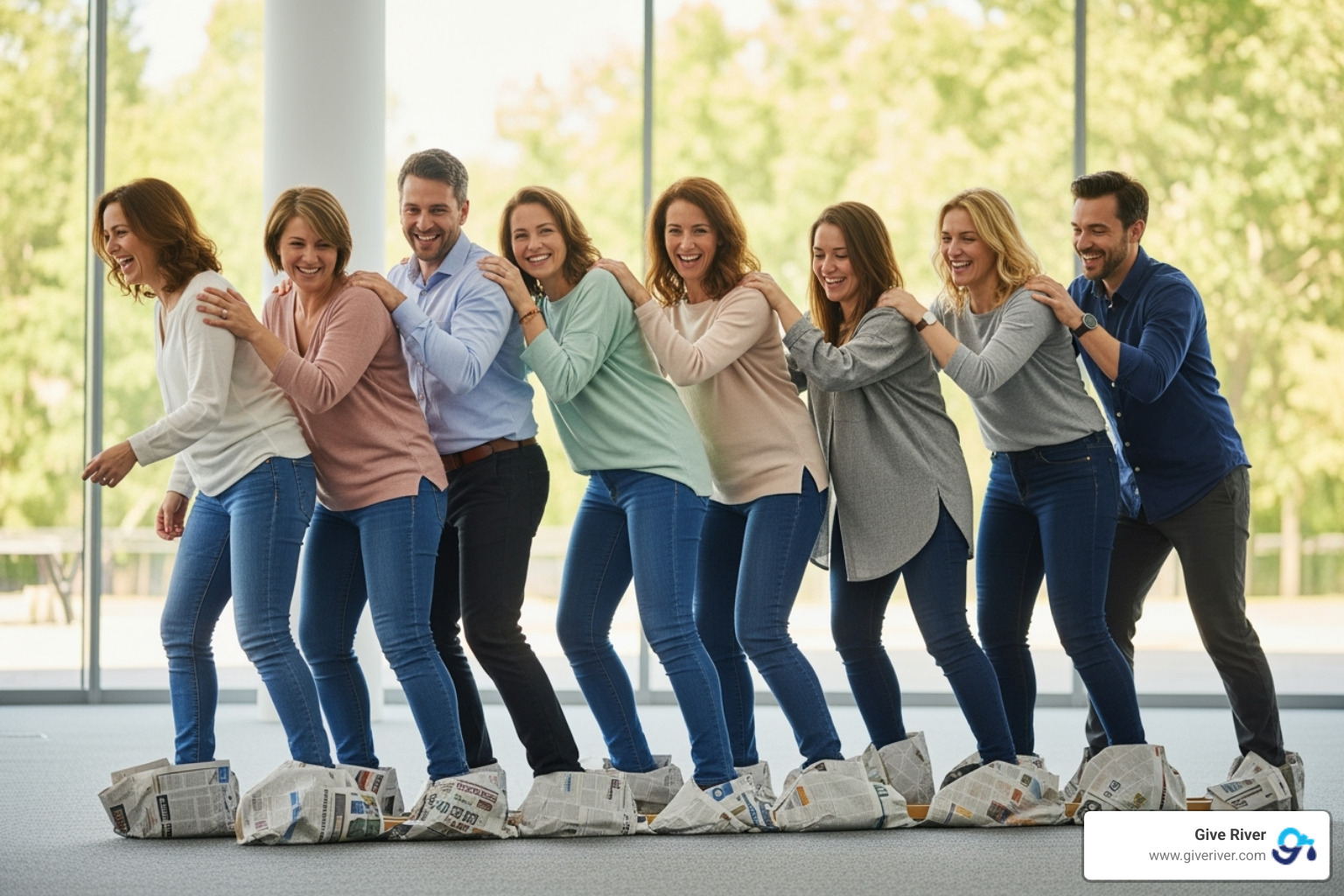 team in newspaper caterpillar - caterpillar game team building