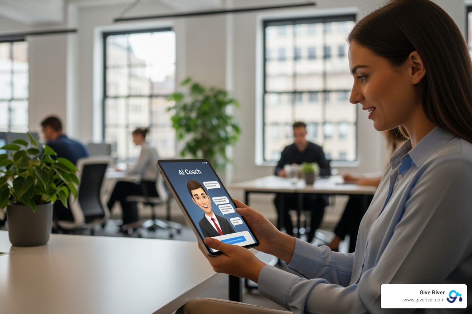 employee engaging with an AI Coach on a tablet - ai tools for learning and development teams 2024