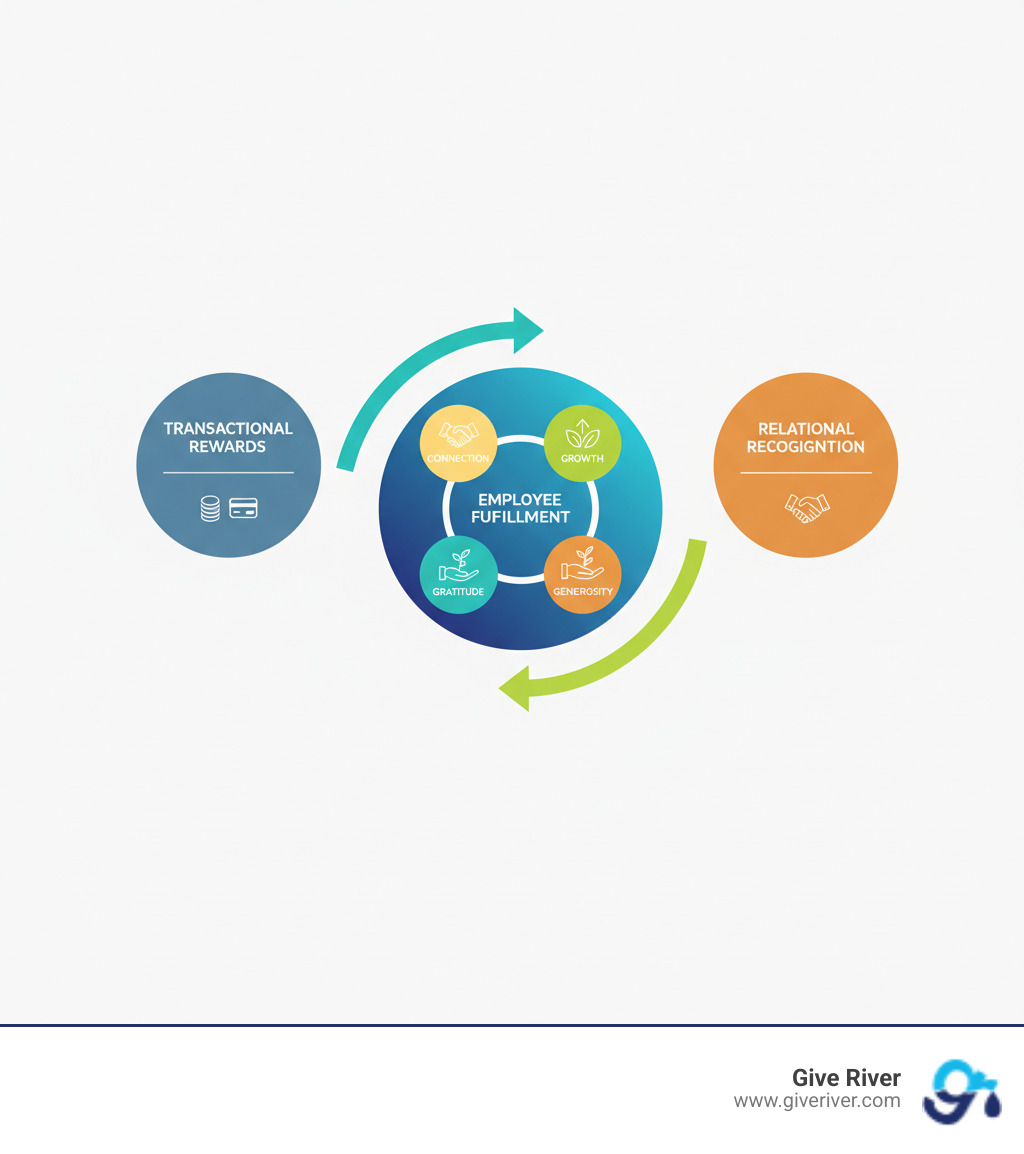 infographic showing the difference between transactional rewards and relational recognition with arrows demonstrating how they combine to create employee fulfillment through gratitude growth generosity and connection - company rewards and recognition ideas infographic infographic showing the difference between transactional rewards and relational recognition with arrows demonstrating how they combine to create employee fulfillment through gratitude growth generosity and connection - company rewards and recognition ideas infographic