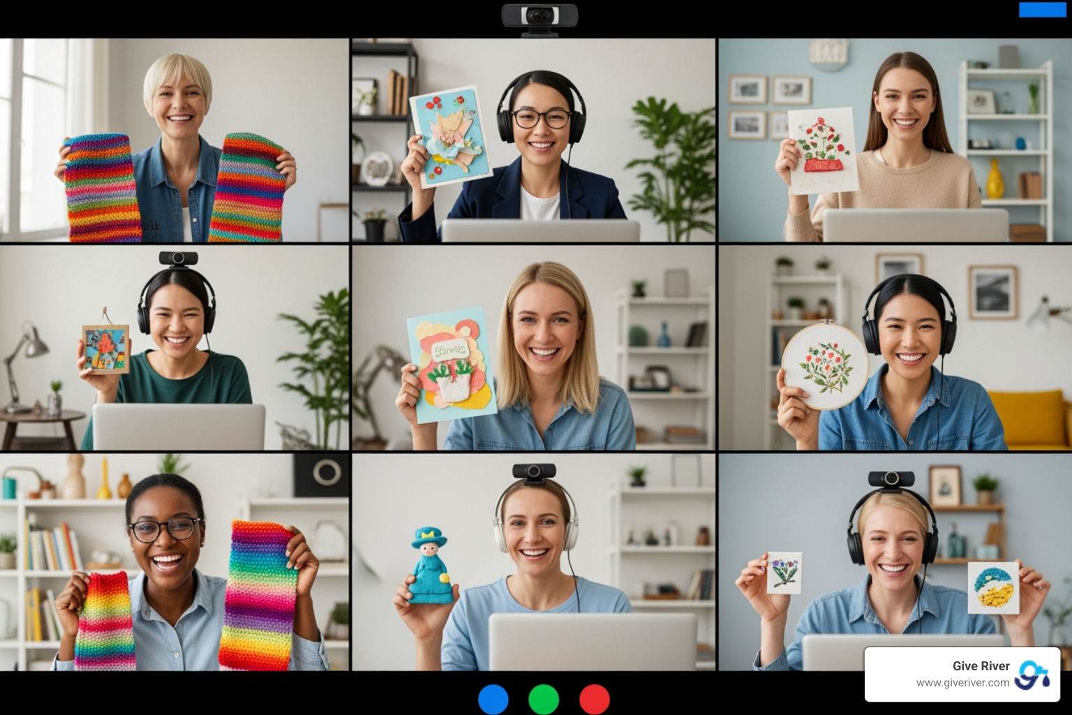 remote team on a video call with completed craft items - team building volunteer activities