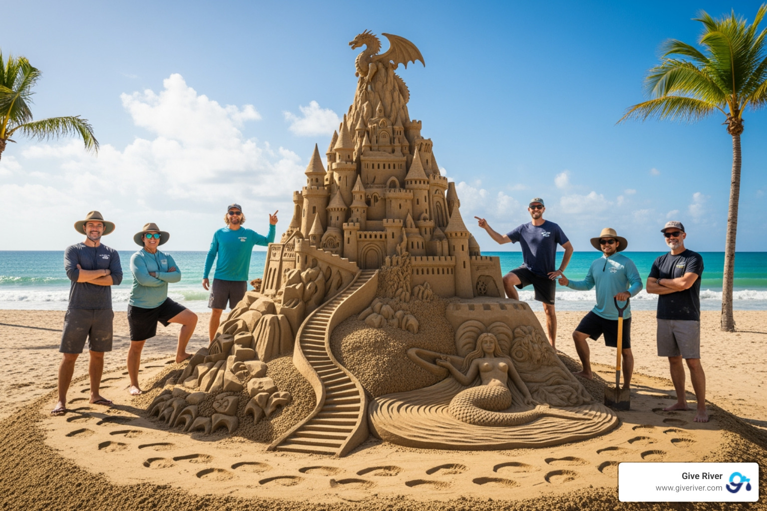 a team proudly standing next to a large, creative sand sculpture - team building beach