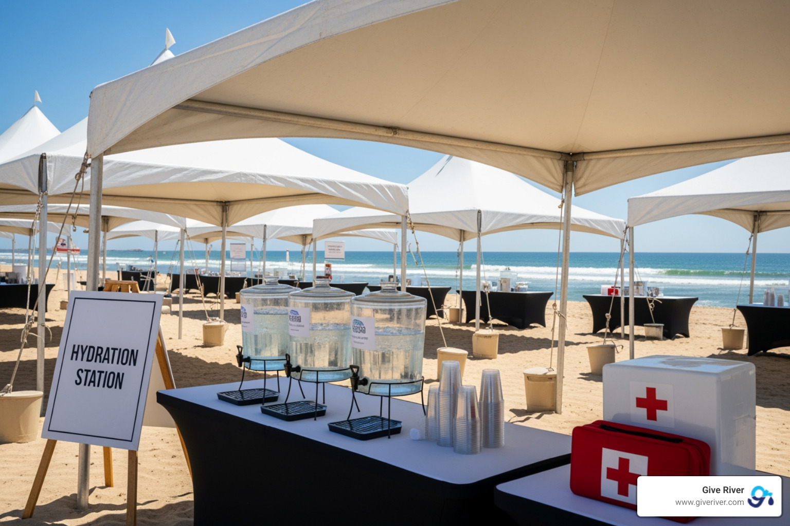 a well-organized beach event setup with shade tents, a water station, and first-aid kit - team building beach