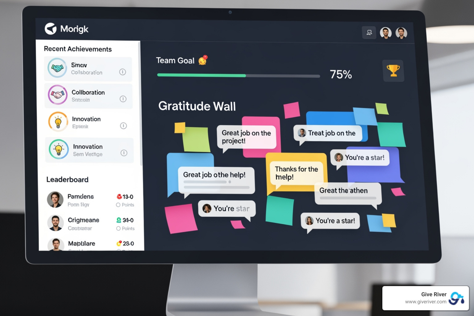 GiveRiver platform interface showing gamification, gratitude walls, and recognition features - national employee appreciation day 2025 GiveRiver platform interface showing gamification, gratitude walls, and recognition features - national employee appreciation day 2025