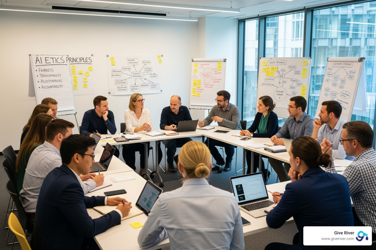 Diverse L&D professionals engage in a workshop focused on AI ethics, surrounded by flip charts with keywords like "Bias Mitigation," "Data Privacy," and "Transparency" - applied ai for learning and development: tools and agents