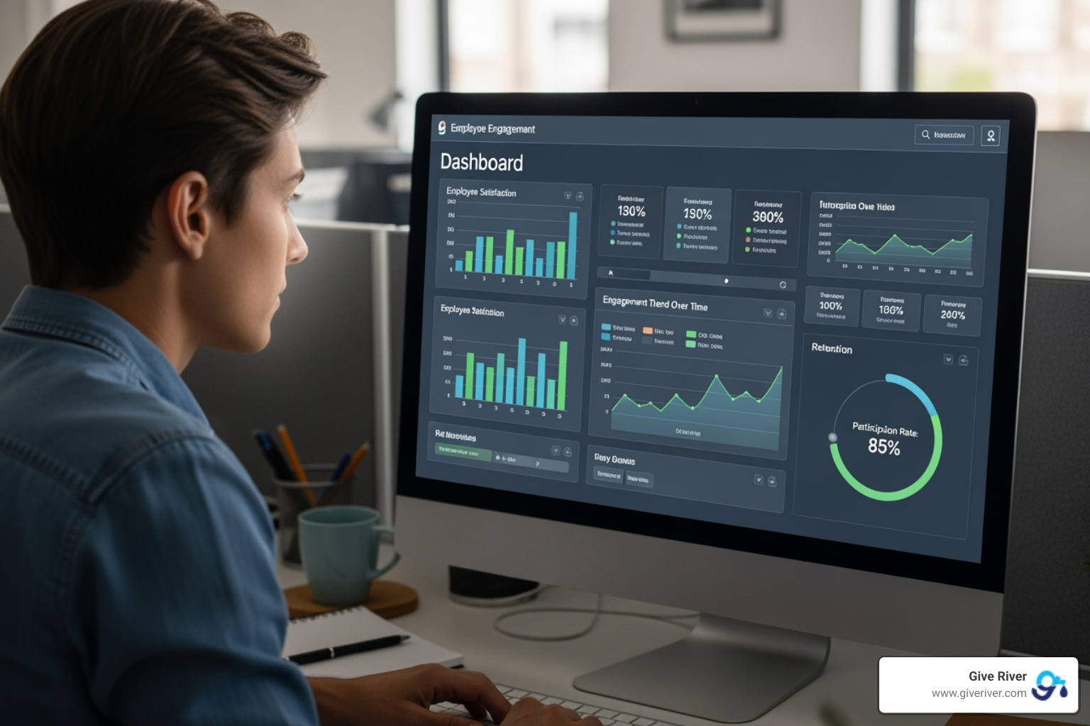 person analyzing employee engagement dashboard - award programs for employees person analyzing employee engagement dashboard - award programs for employees