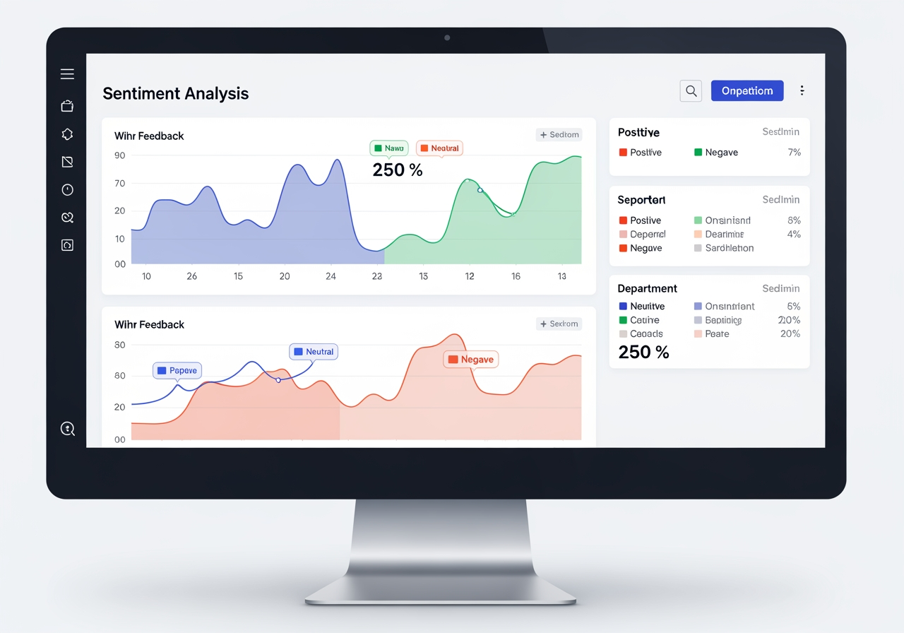 A clean, intuitive survey tool dashboard showing sentiment analysis results, with positive, neutral, and negative sentiment trends highlighted for different departments.