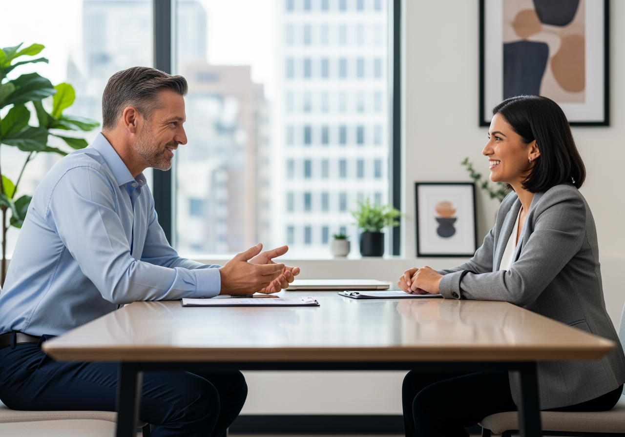 A manager and an employee engaged in a positive,collaborative 1-on-1 meeting,reinforcing a supportive work environment.