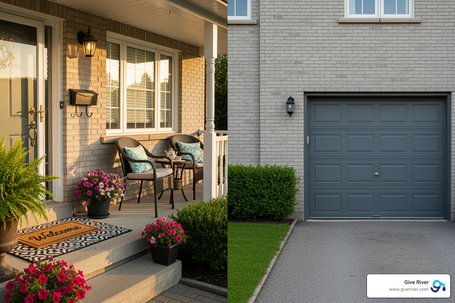 contrasting a welcoming front porch with a closed-off garage door - building a better community