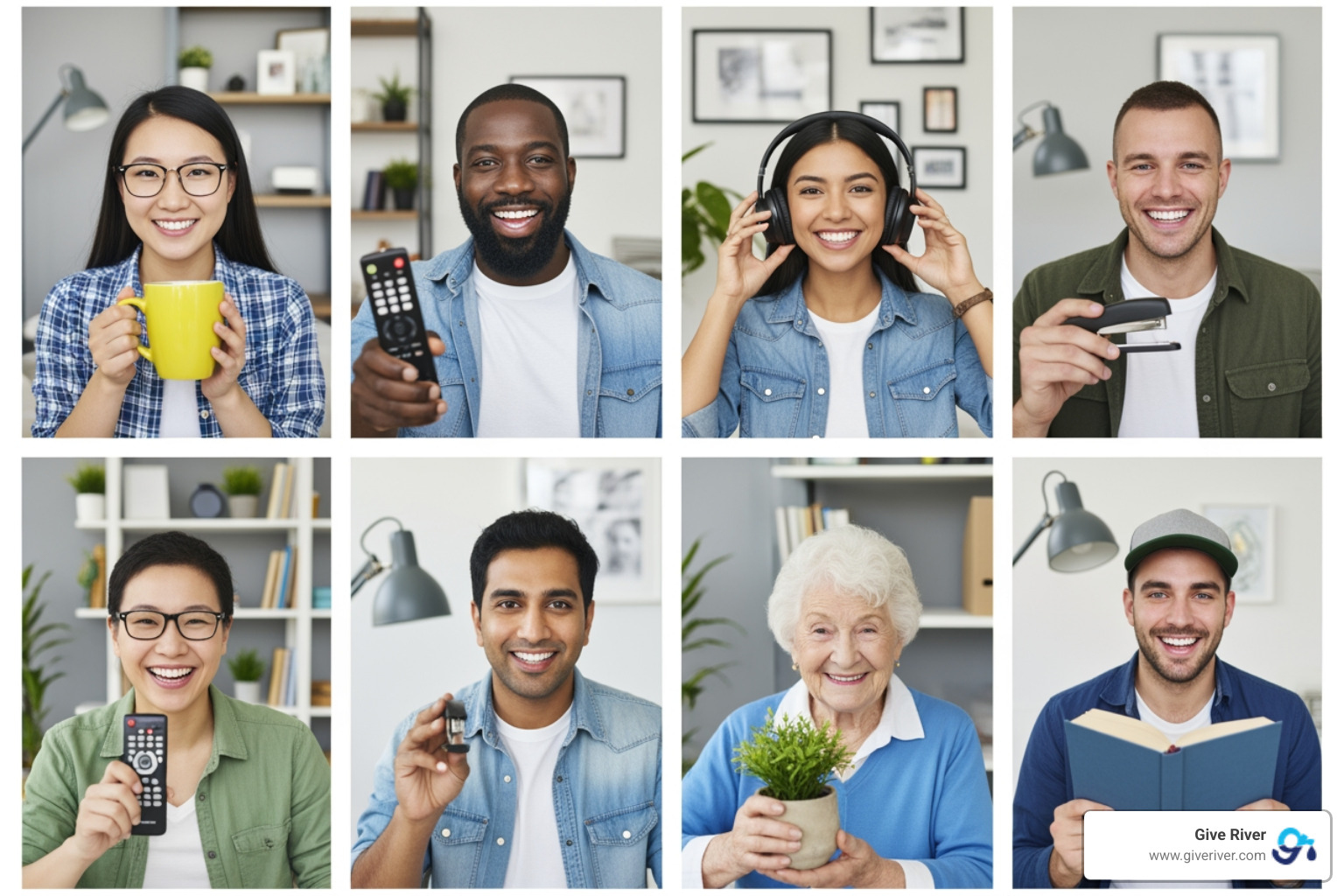 team on a video call, smiling and holding up items for a virtual scavenger hunt - team building games