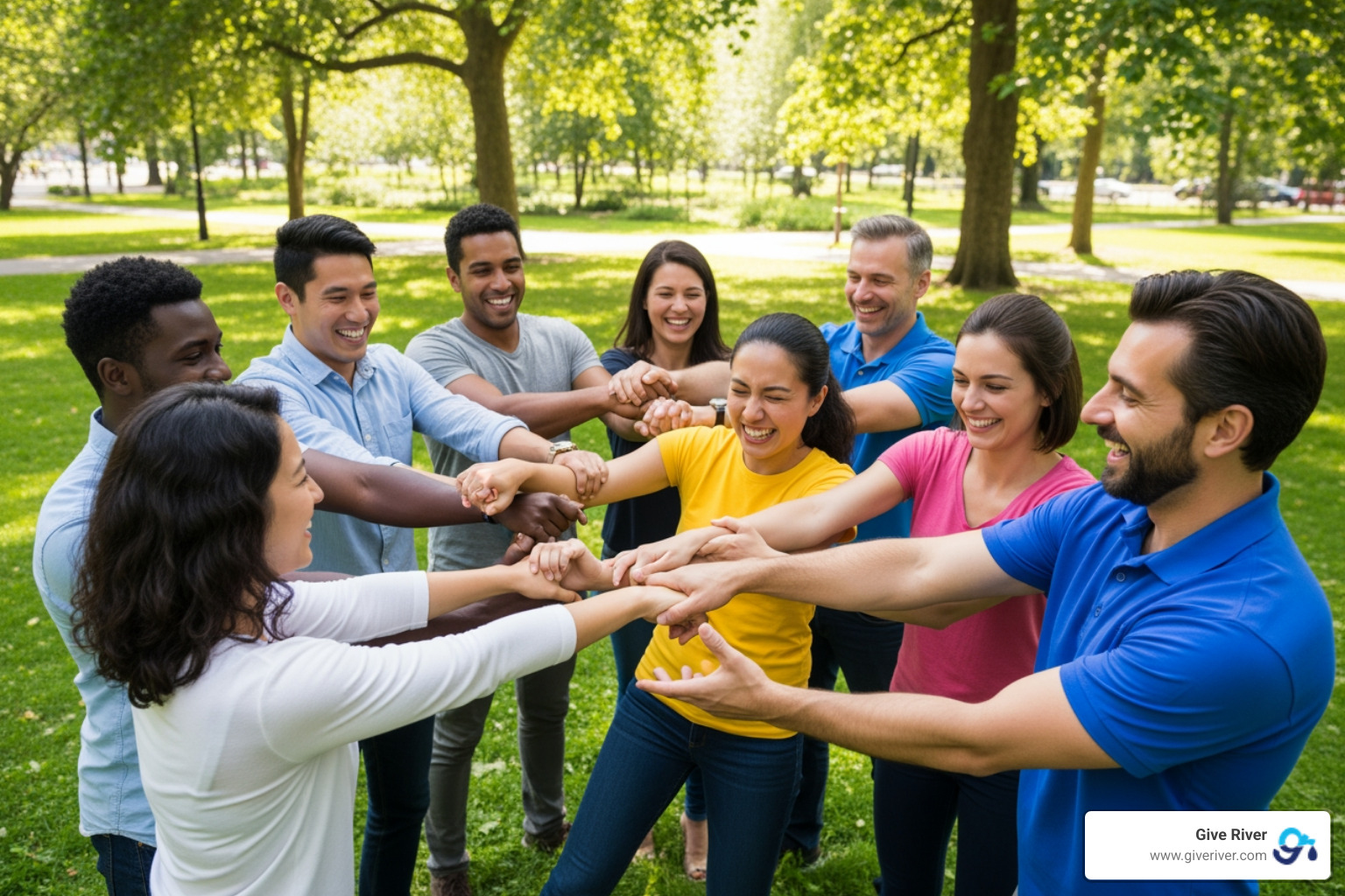team outdoors, working together to untangle themselves from a Human Knot - team building games
