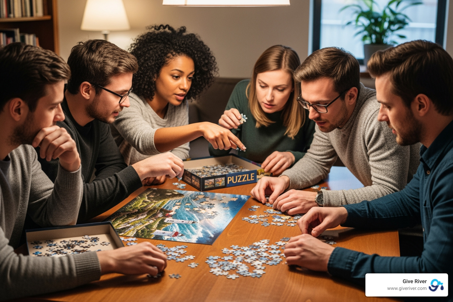 team huddled around a table, focused on solving a puzzle together - team building games
