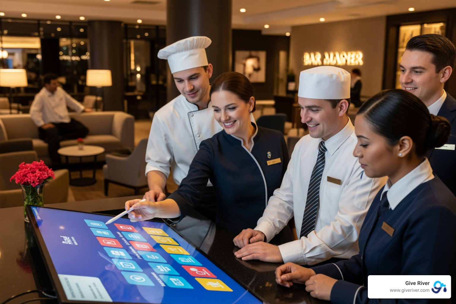 A diverse group of hospitality employees engaging with a mobile app, showing features like recognition, feedback, and scheduling - employee engagement tools for hospitality