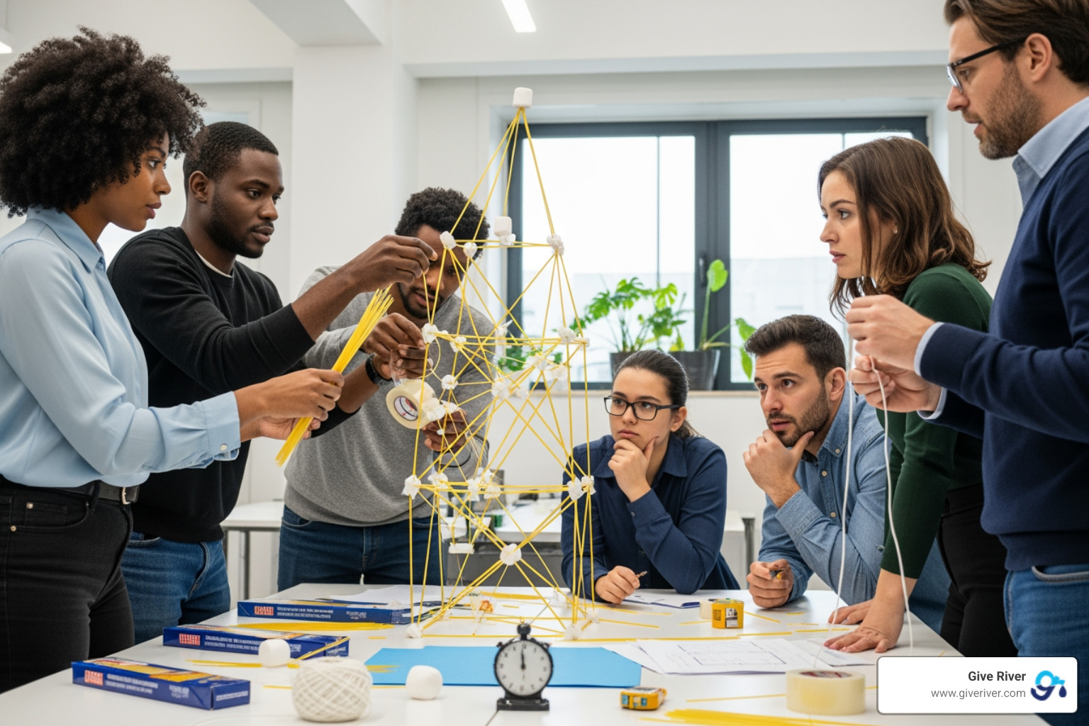 team working together on the Marshmallow Challenge - team bonding exercise