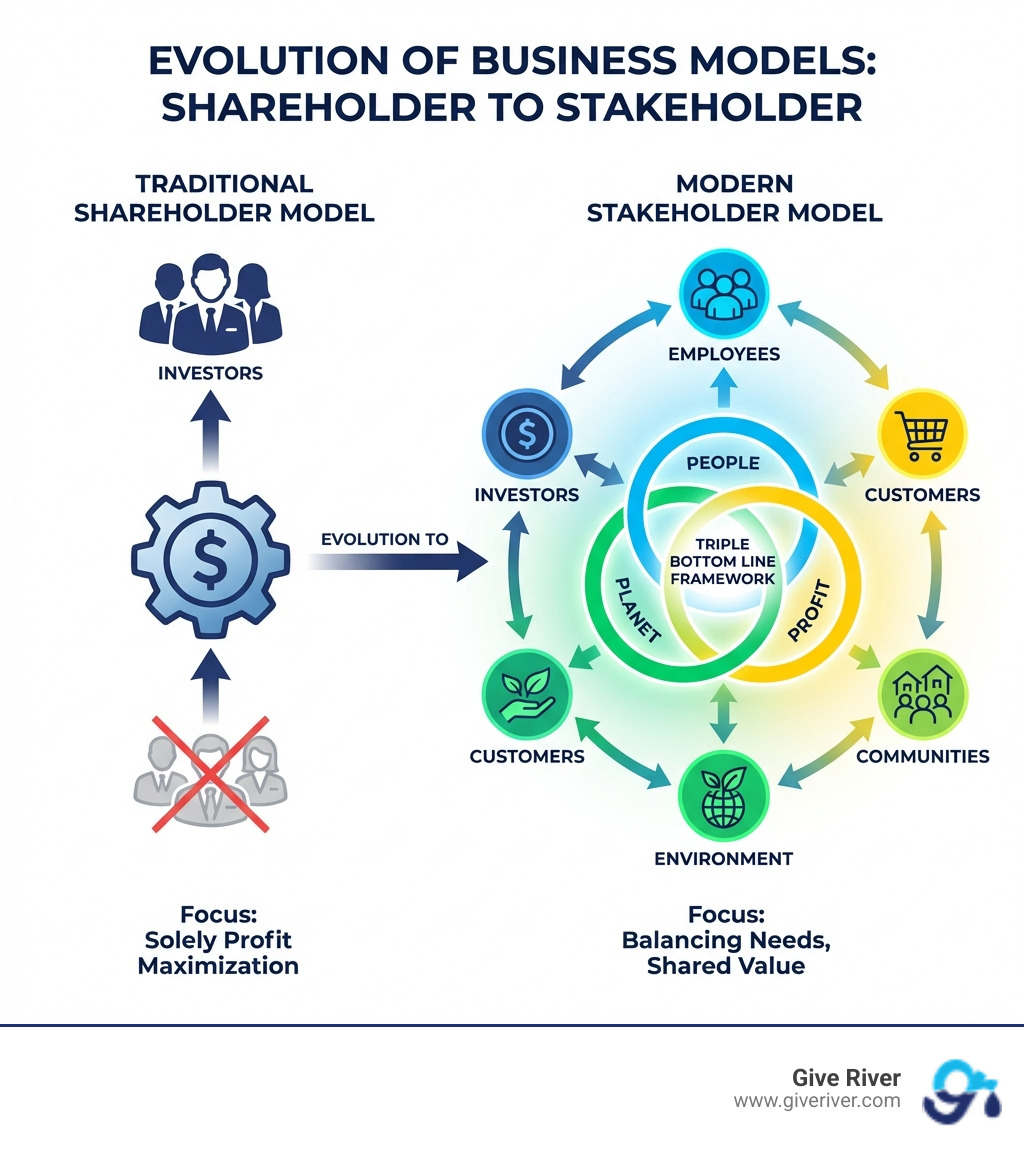 Infographic showing the evolution from traditional shareholder model (focusing solely on profit maximization for investors) to modern stakeholder model (balancing needs of employees, customers, communities, environment, and investors through the Triple Bottom Line framework of People, Planet, and Profit) - Ethical business models infographic Infographic showing the evolution from traditional shareholder model (focusing solely on profit maximization for investors) to modern stakeholder model (balancing needs of employees, customers, communities, environment, and investors through the Triple Bottom Line framework of People, Planet, and Profit) - Ethical business models infographic