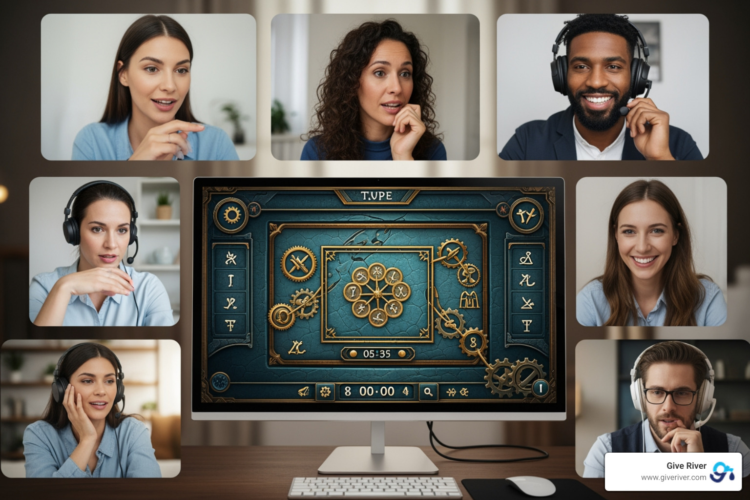 a team collaborating over a virtual escape room puzzle on a shared screen, showing multiple participants on video calls working together - free interactive online games for groups