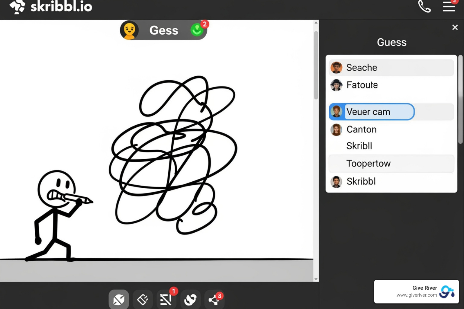 Skribbl.io game interface showing a funny drawing and chat window - free interactive online games for groups