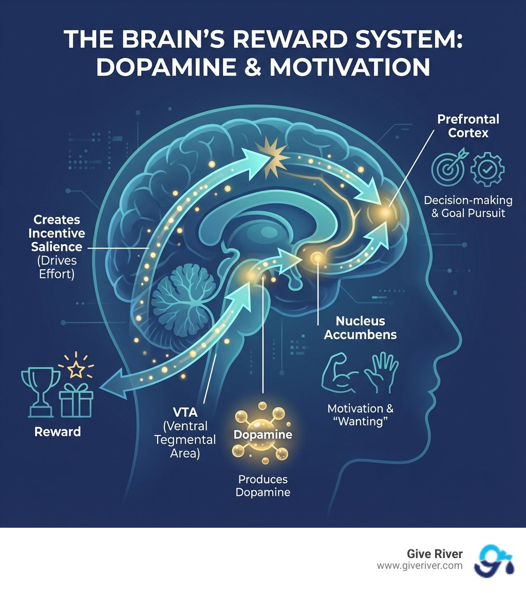 Infographic showing the brain's reward system with labeled structures: Ventral Tegmental Area (VTA) producing dopamine, arrows showing dopamine release to Nucleus Accumbens (motivation and wanting) and Prefrontal Cortex (decision-making and goal pursuit), with annotations explaining how rewards activate this pathway and create incentive salience - motivation and reward system infographic 