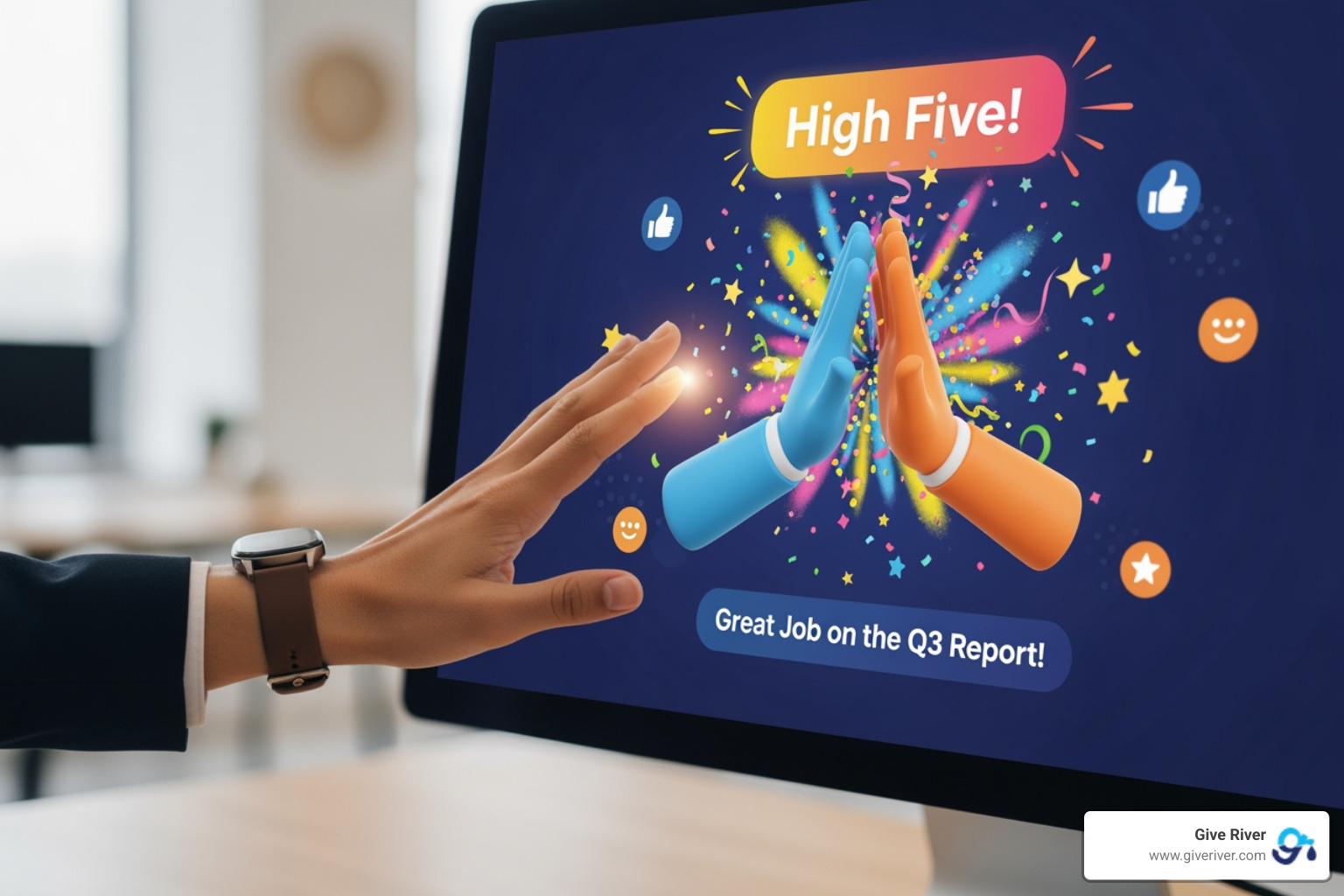 An employee receiving a digital high-five on a screen, with celebratory confetti and positive messages, symbolizing effective and timely recognition. - boosting employee engagement An employee receiving a digital high-five on a screen, with celebratory confetti and positive messages, symbolizing effective and timely recognition. - boosting employee engagement