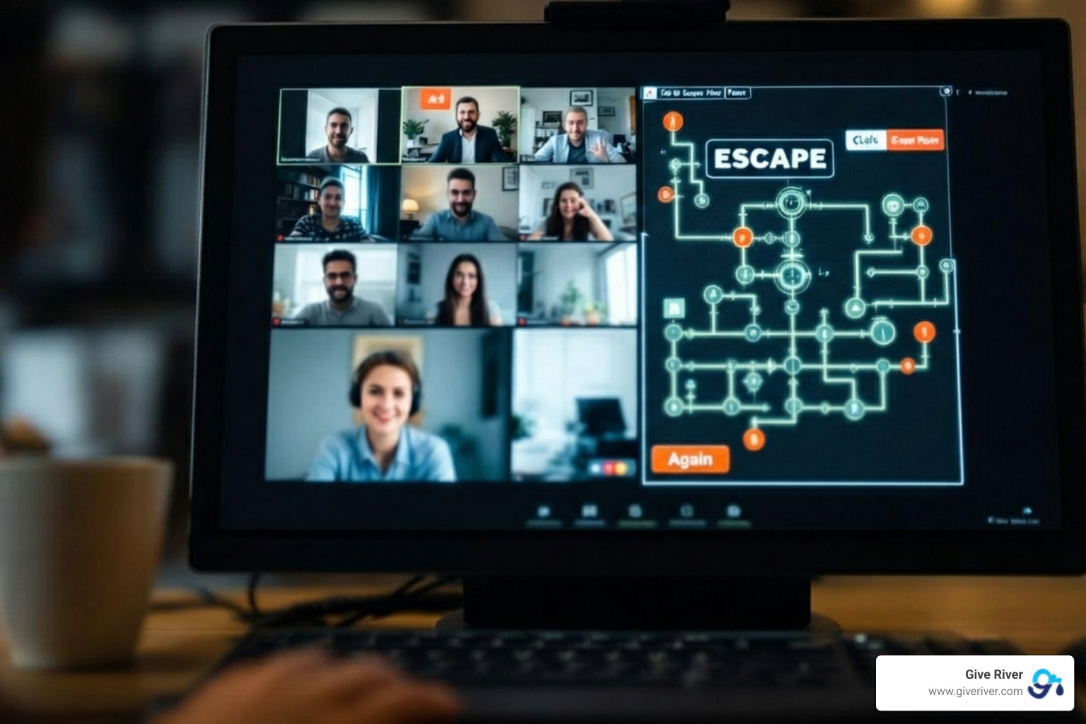 split-screen view of team collaborating on Zoom and escape room interface - escape room virtual team building